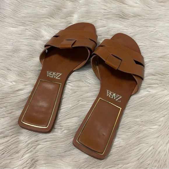 Zara Flat Crossed Brown Leather Sandals Slip On Open Toe Flats Boho Resortwear - Picture 6 of 11